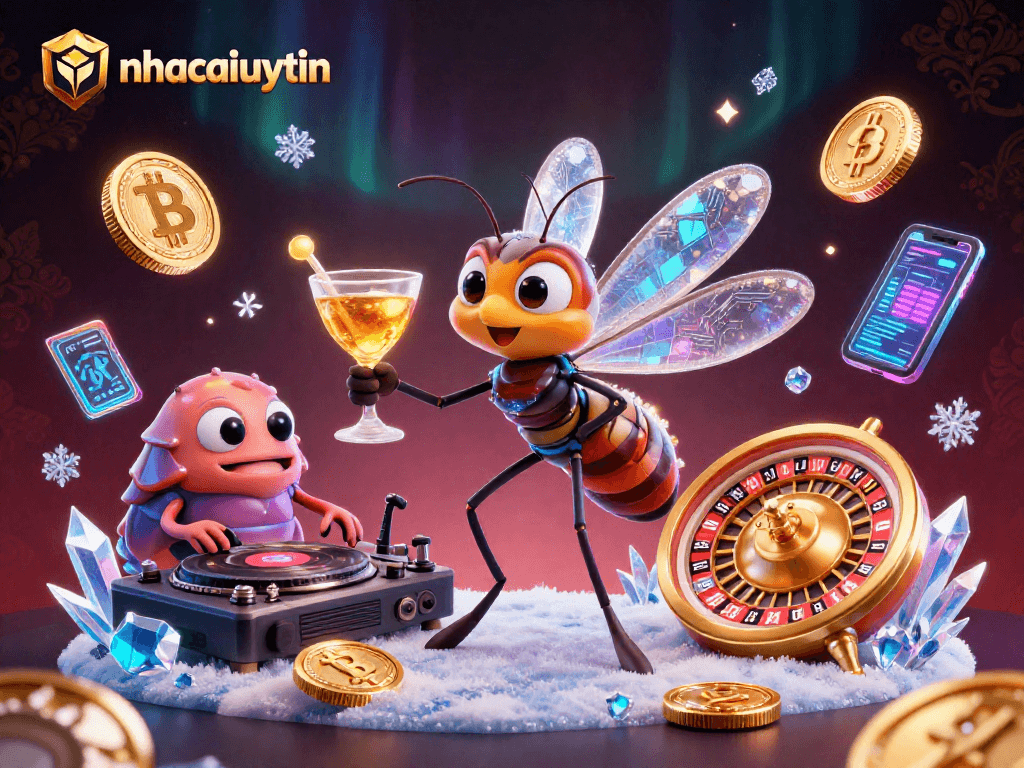 Experience the thrill of nhacaiuytin with vibrant casino characters and crypto elements.