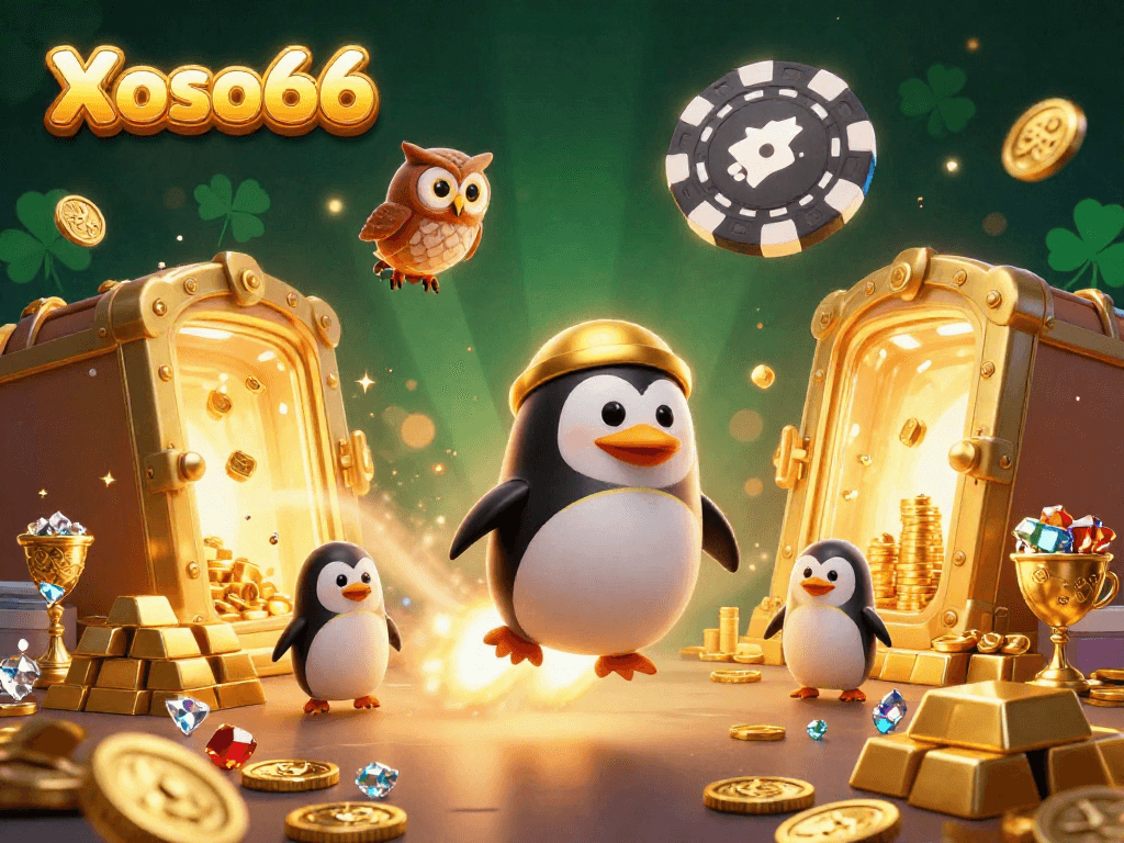 Experience the excitement at Xoso66 with a penguin racing through a vibrant casino universe, surrounded by treasures.