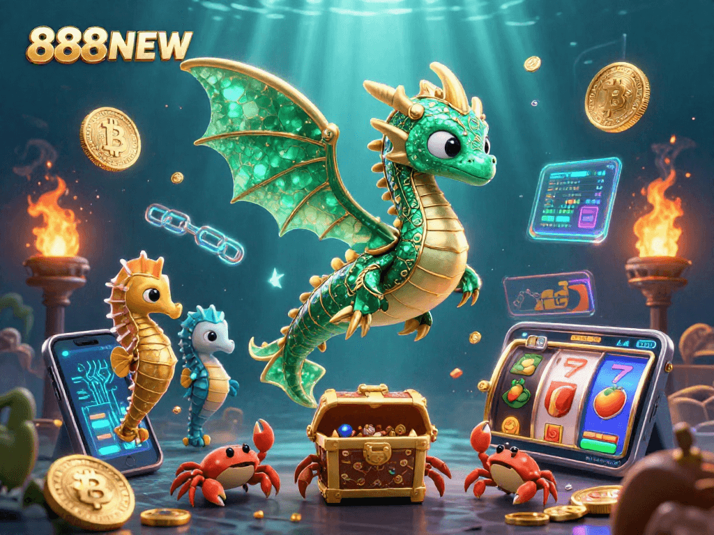 Experience the thrill of 888NEW with a dazzling underwater casino illustration showcasing exciting slot reels.