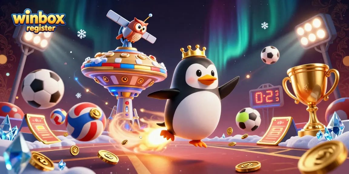 Experience the excitement of winbox register with golden penguin and casino elements in a vibrant cosmic scene.