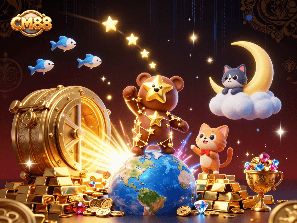 Experience the thrill of CM88 as the constellation bear scoops coins, surrounded by radiant casino treasures.