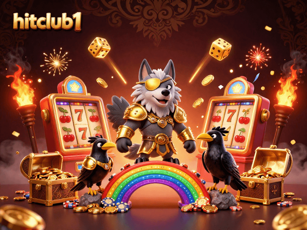 Hitclub1 offers thrilling casino excitement with Odin wolf and jackpots in a vibrant 3D scene.