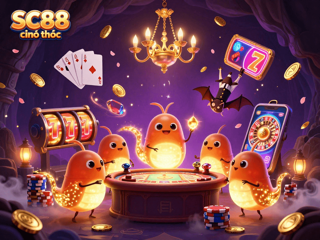 SC88 chính thức illuminates a vibrant cave casino scene with glowworms, slot machines, and dazzling game elements.