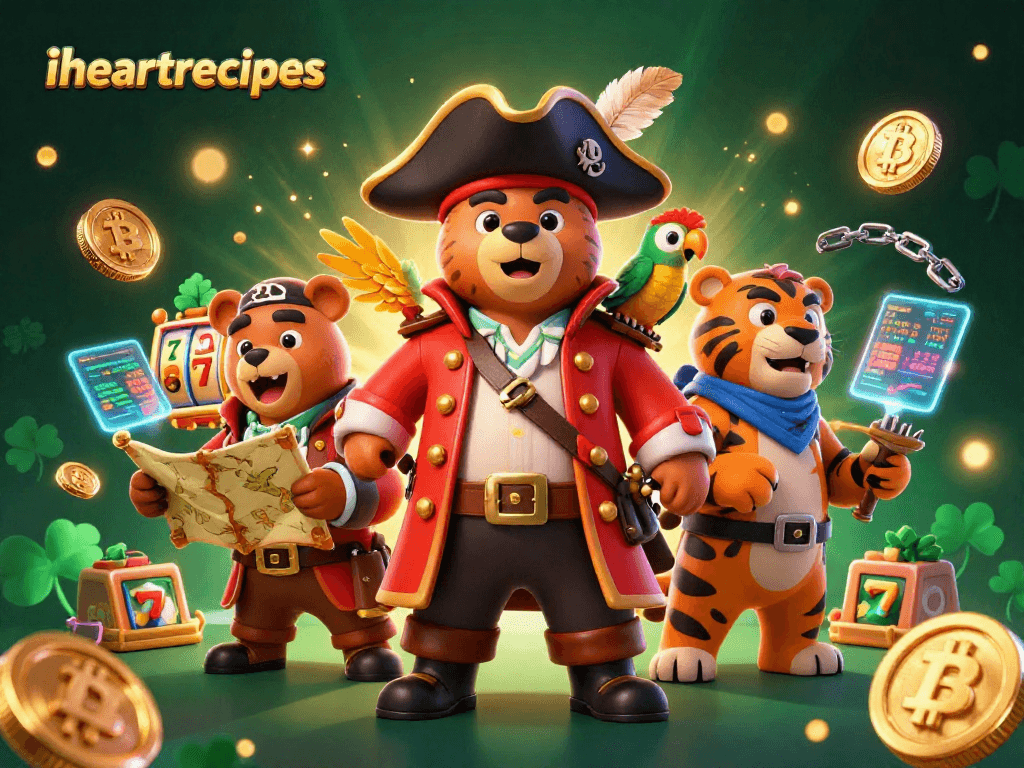 Experience iheartrecipes at the slots with a vibrant scene of pirates, treasures, and gambling elements.