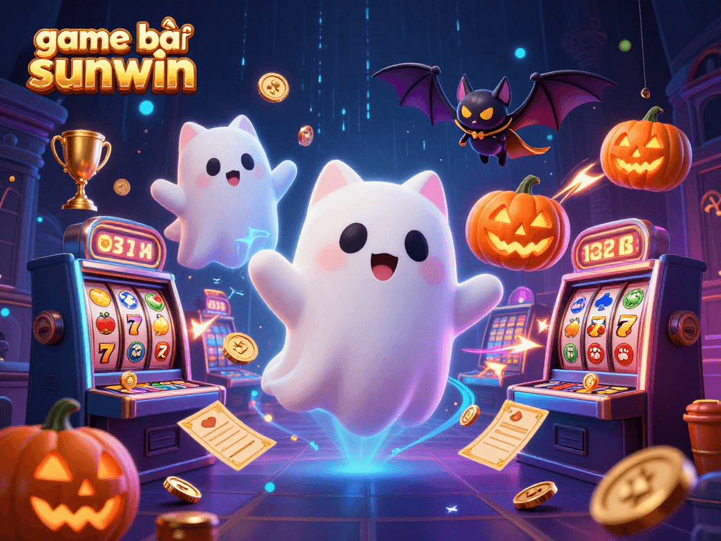 Experience the thrilling game bài sunwin with a playful ghost cat and vivid casino elements.
