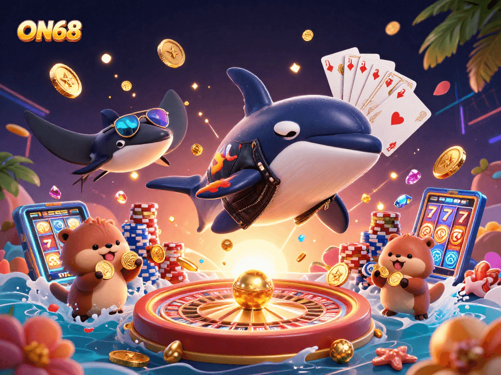 Experience thrilling gameplay with ON68 amidst golden coins and vibrant casino elements.