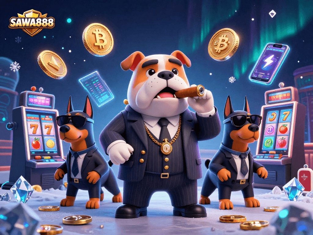 Experience SAWA888 with thrilling slot machines and vibrant characters in a lively casino scene.