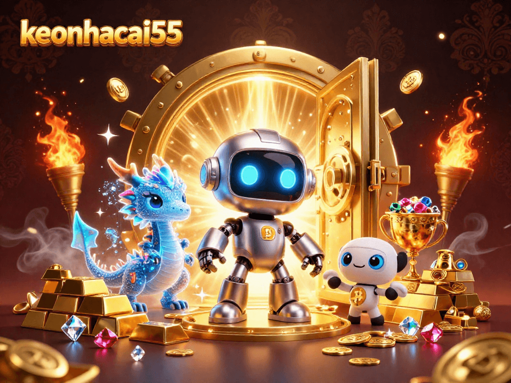 Immerse in keonhacai55's vibrant casino world, showcasing a cyberpunk robot, AI dragon, and bitcoin drone.