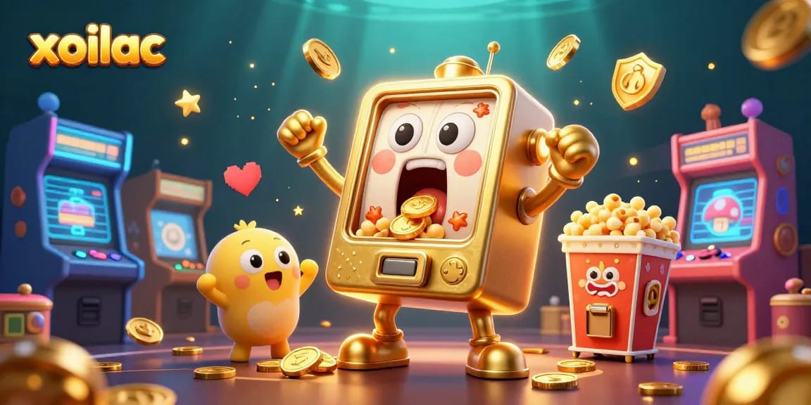 Watch the xoilac slot machine hitting a jackpot with coins pouring out in an exciting gaming scene.