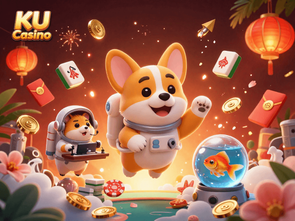 Engage with the thrilling action of KU Casino featuring floating characters and vibrant gambling elements.