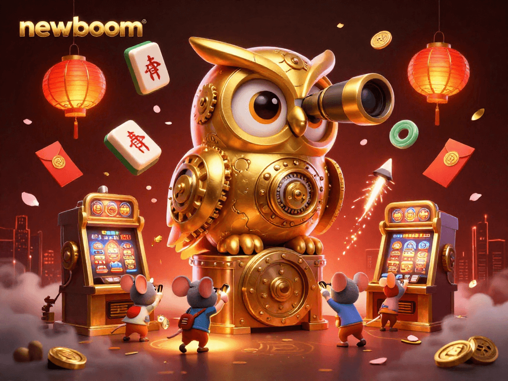 Engage with newboom, a vibrant casino scene featuring gold owl, slot machines, and festive decorations.