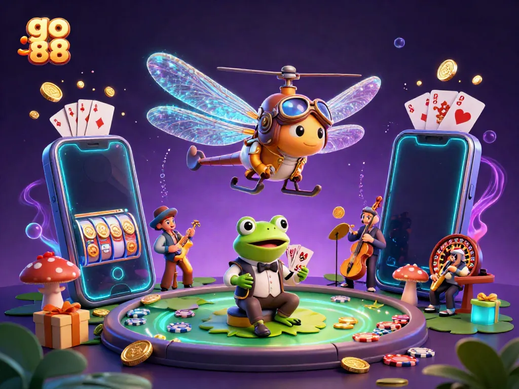 Experience the thrill of go 88 gaming with our vibrant 3D casino scene, featuring a dragonfly pilot and frog croupier.