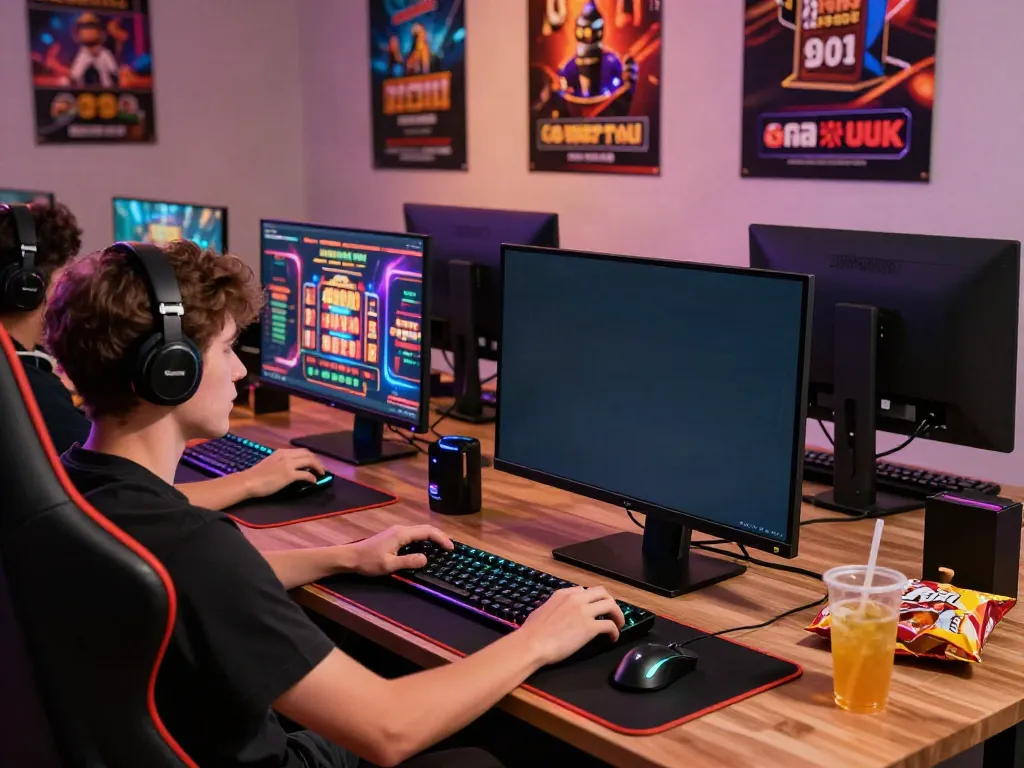 Engaged player enjoying casino games not on GamStop UK, vibrant gaming setup.