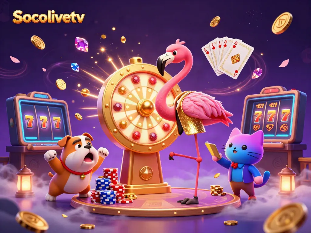Experience the excitement with Socolivetv as a golden prize wheel spins with vibrant game elements surrounding joyous characters.