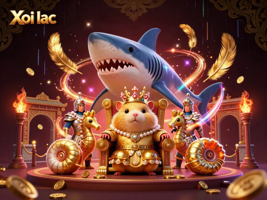 Xoi lac shows a fierce hamster king throne at a dynamic gambling arena, with gold elements.