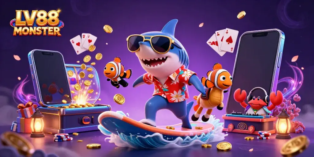 Engage in thrilling fun at LV88 MONSTER featuring a shark surfer, clownfish, and crab DJ amidst colorful casino elements.