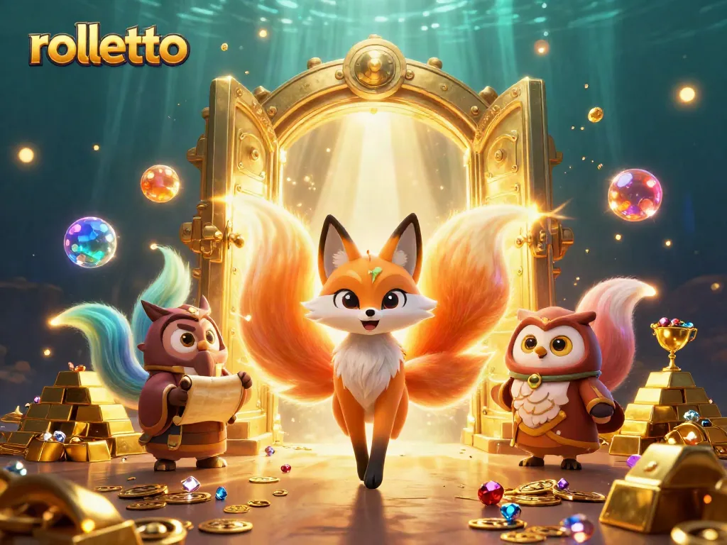 Win big with rolletto as nine-tailed fox spirit and owl adorn a vibrant casino scene, rich with gems and treasures.