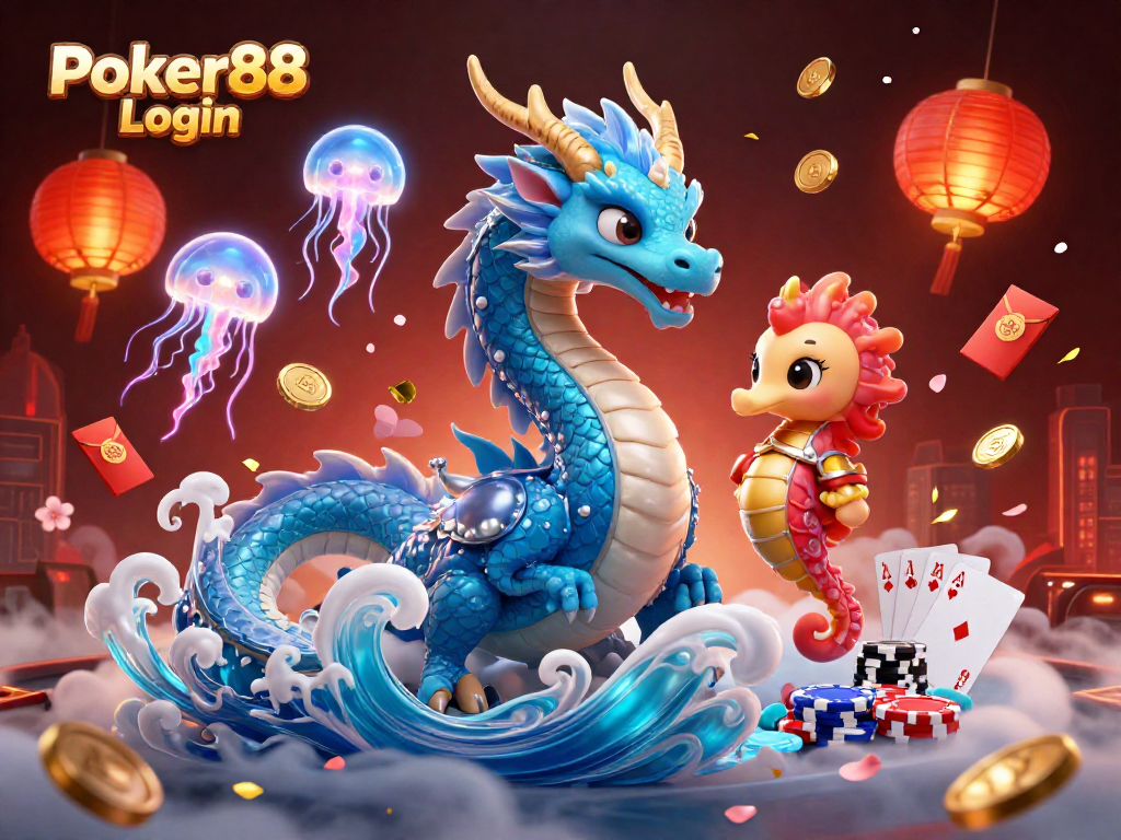 Experience the vibrant action of Poker88 Login with a mystical scene of a dragon and poker elements.