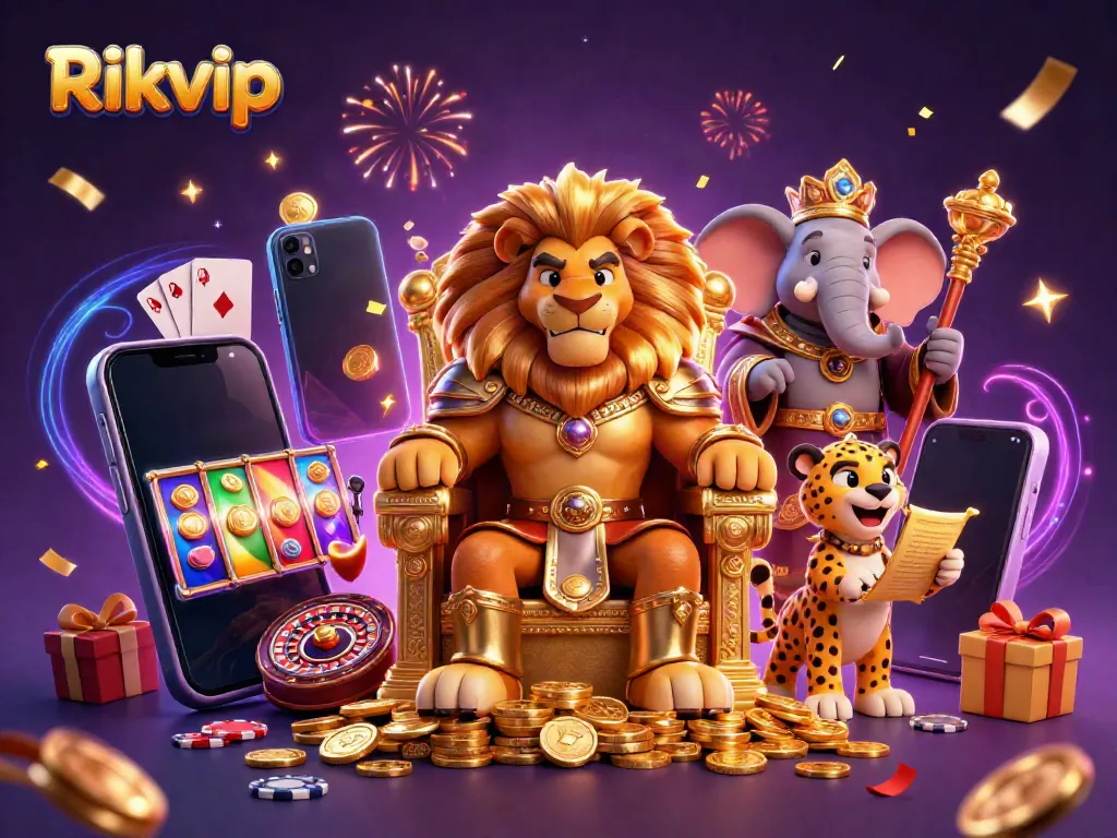 Experience winning excitement with Rikvip games featuring a lion king, elephant advisor, and cheetah messenger.
