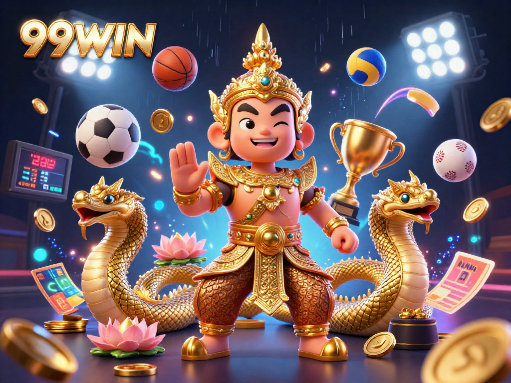 Win exciting rewards at 99WIN with dynamic sports action and gold-themed casino elements.