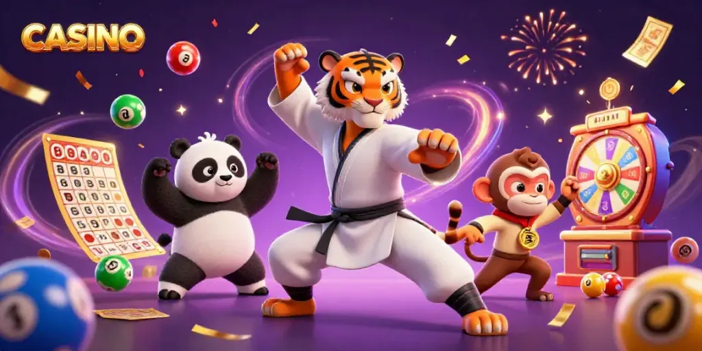 Experience winning excitement at CASINO illustrated with kung fu characters and dynamic game elements.