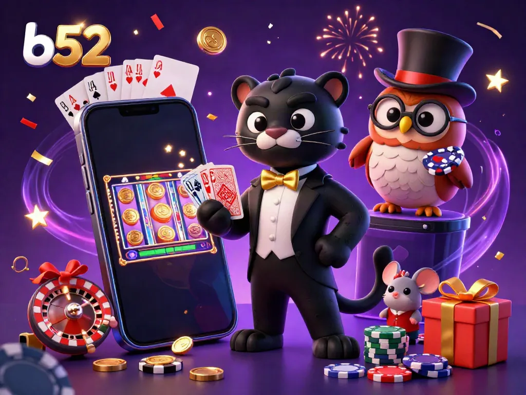 Engaging b52 casino scene featuring a stylish panther and owl playing cards amidst vibrant slot machines.