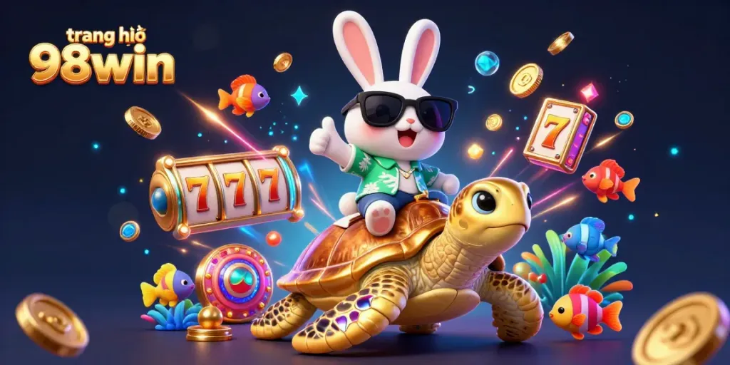 Experience the vibrant world of trang chủ 98win with a lucky rabbit and golden turtle in this casino-themed 3D art.