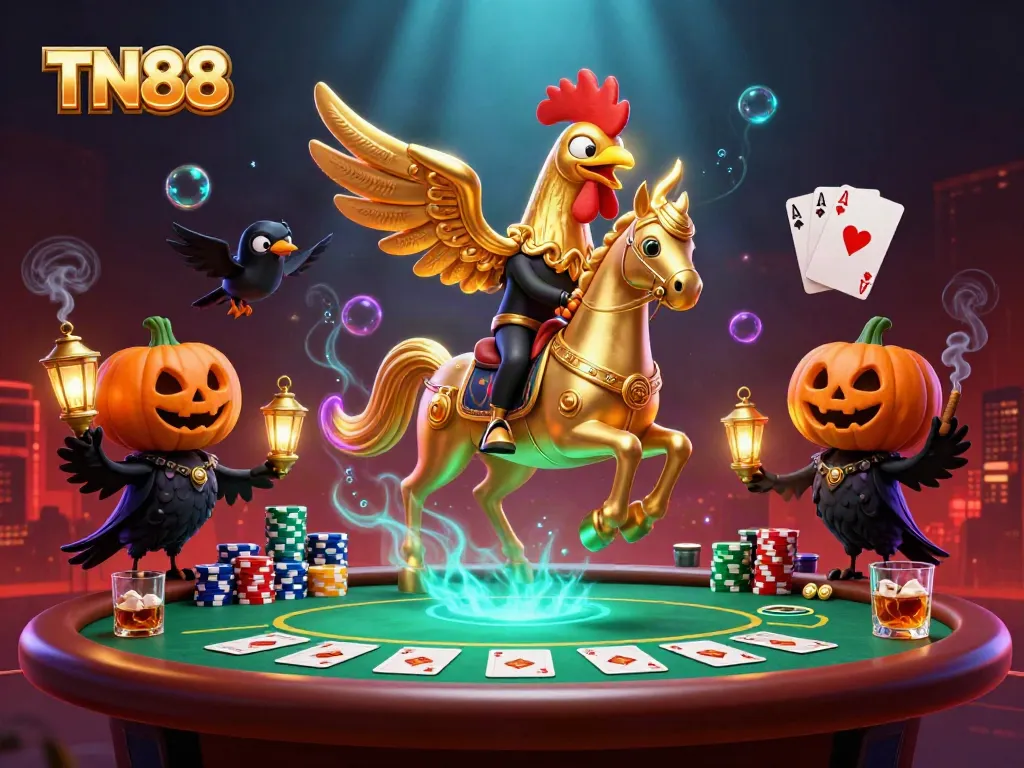 Experience thrilling casino action with TN88 as a golden rooster in an enchanting midnight setting.