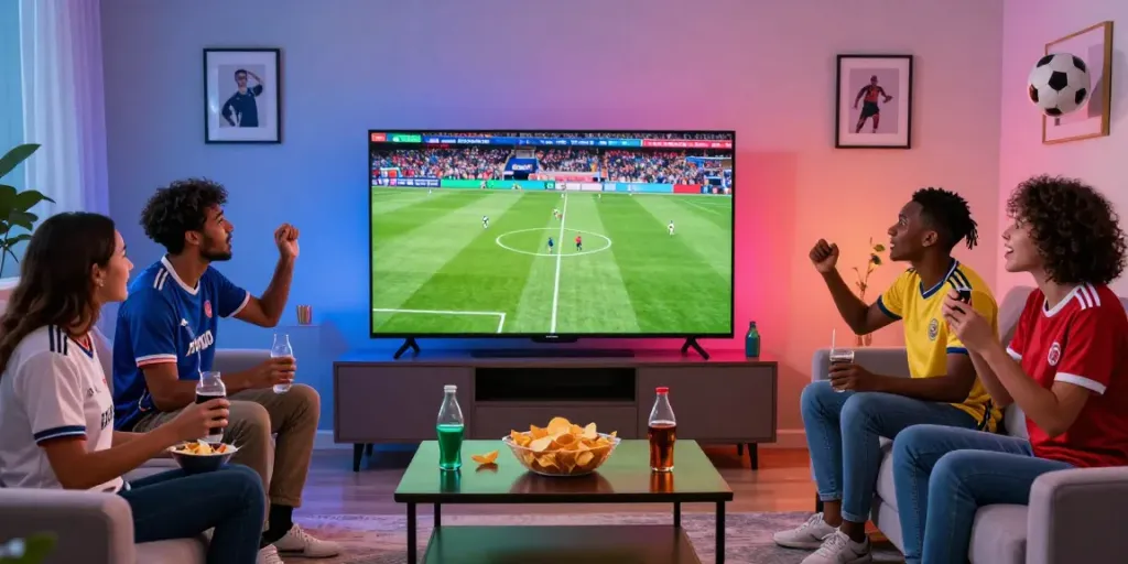 SOCOLIVE fans enjoying a thrilling soccer match in a lively living room setting.
