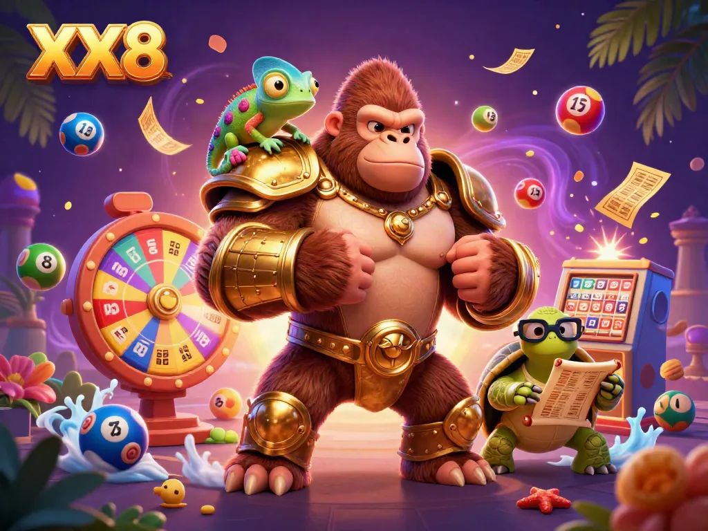 Experience the thrilling energy of XX8 with vibrant gambling symbols and dynamic characters in a rich 3D scene.