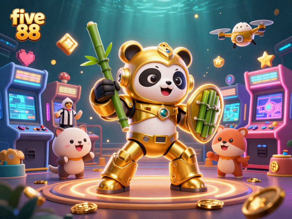 Engage in thrilling gameplay at five 88 with a mech-suited panda in a vibrant casino arena.