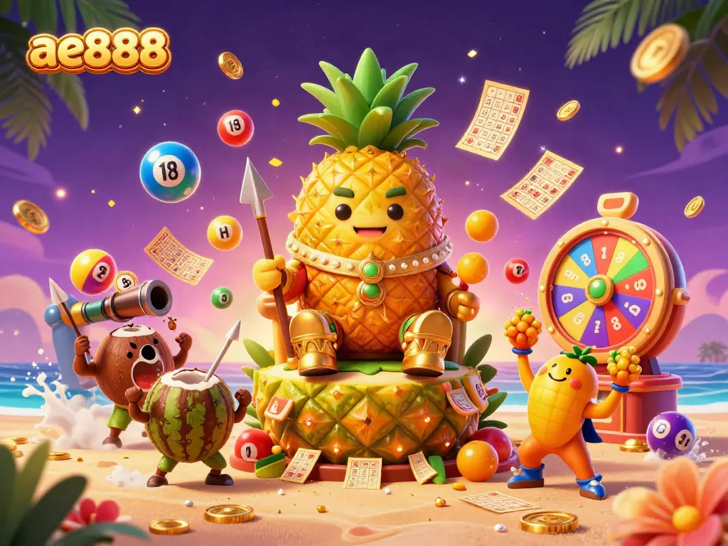 Experience the excitement of ae888 with a vibrant casino illustration depicting a whimsical golden pineapple king amid a lively beach atmosphere.