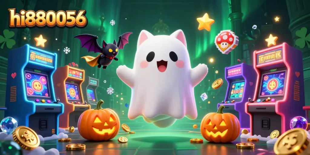 Experience the thrilling gameplay of hi880056 with a ghost cat and vampire bat in an exciting casino scene.