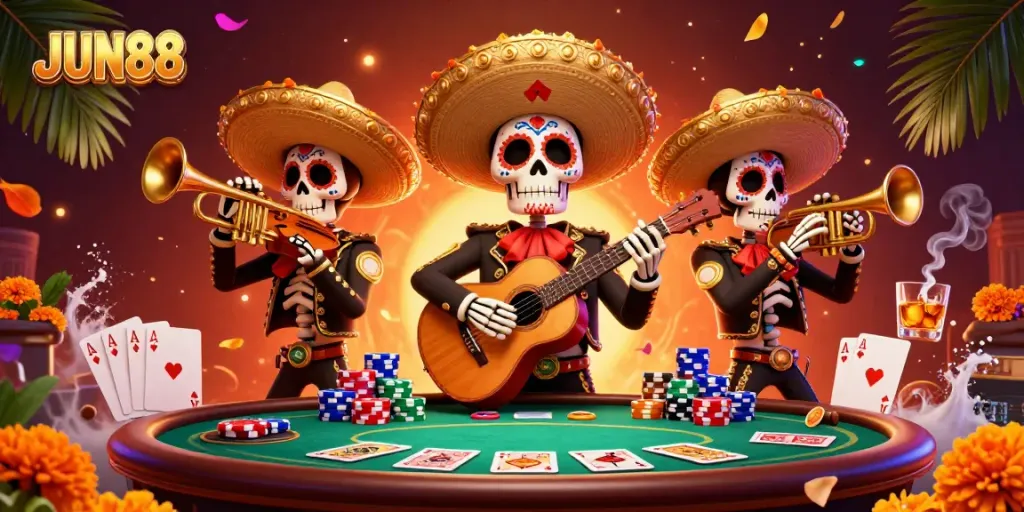 Join the colorful mariachi band at JUN88, where vibrant casino fun comes alive amidst poker excitement.