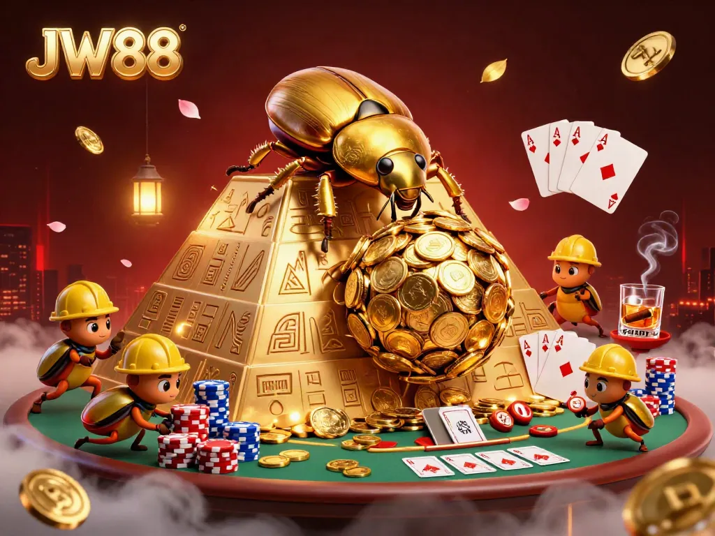 Experience the thrill of JW88 with a golden beetle and poker elements in a vibrant casino scene