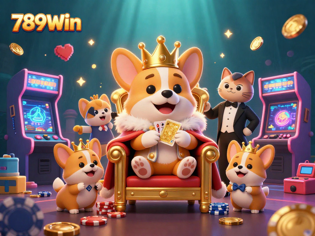 Experience the excitement of 789Win with a royal corgi on a throne of poker chips amidst vibrant gaming elements.