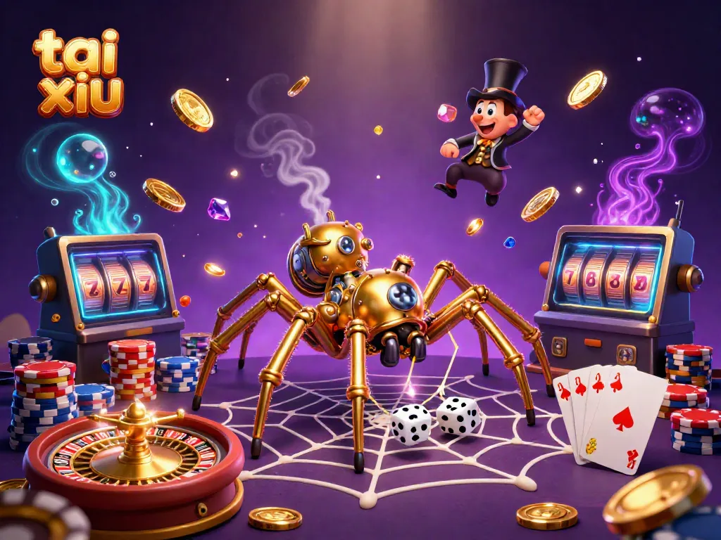 Engage with tai xiu in a vibrant, captivating 3D casino illustration featuring steampunk elements and playful characters.