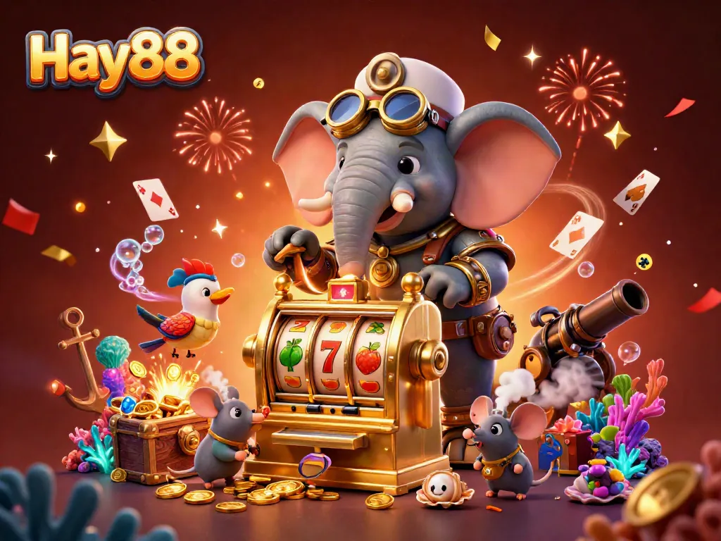 Engage in the exciting world of Hay88 with a vibrant 3D slot machine scene showcasing unique characters and treasures.