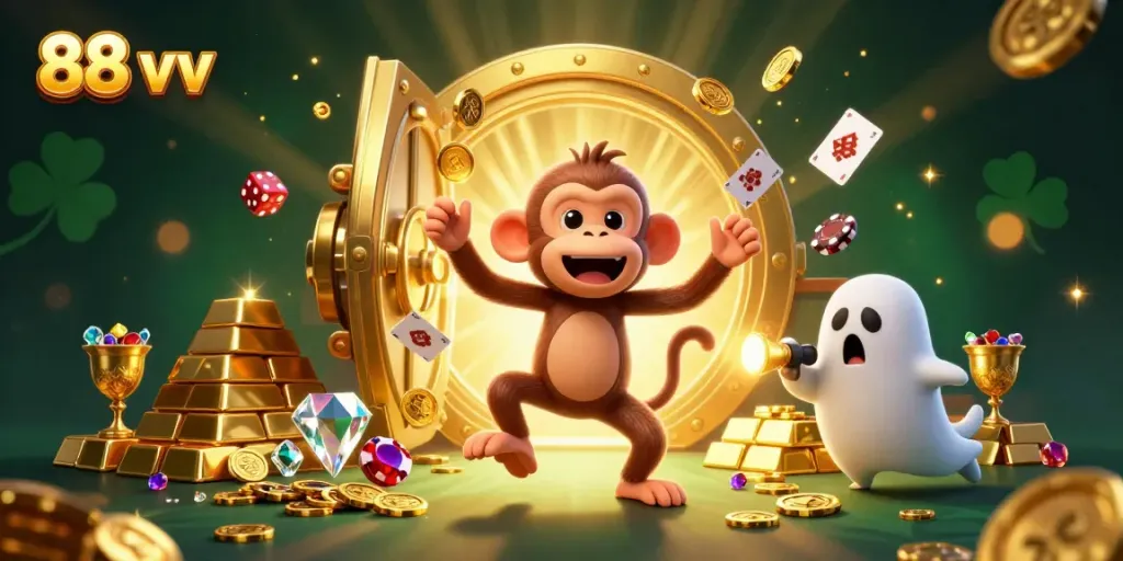 Experience the excitement of 88 vv with a mischievous poltergeist monkey and a curious ghost-hunter puppy in a dazzling casino.