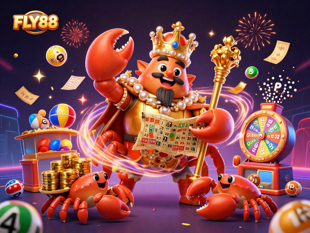 FLY88 showcases a vibrant digital casino scene with a golden crab emperor amidst a treasure map and lottery elements.