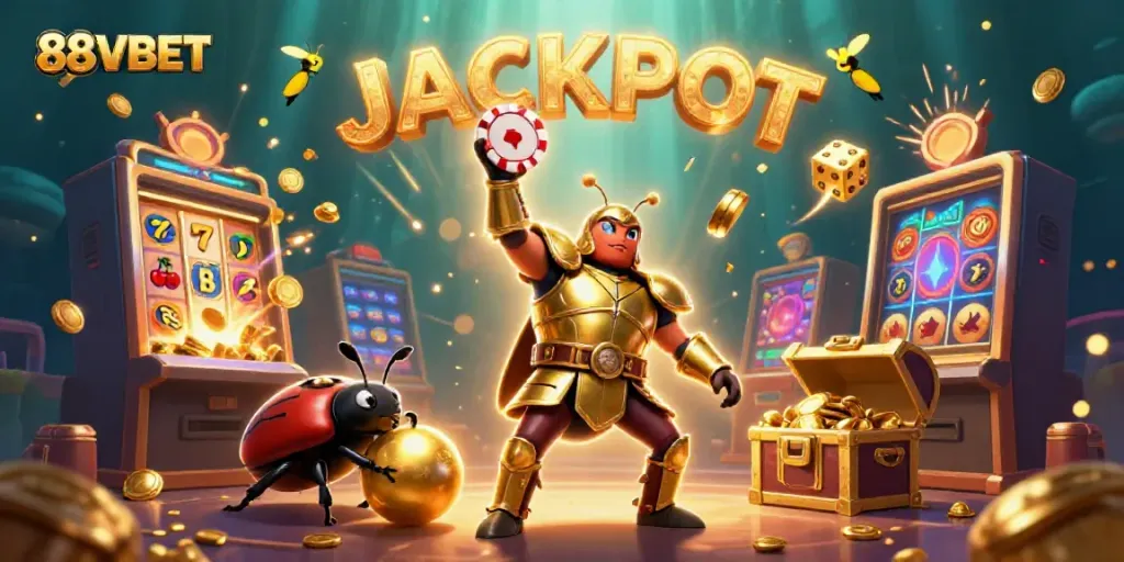 Experience the thrill of 88VBET with vibrant jackpots and exciting casino action illustrated in 3D.
