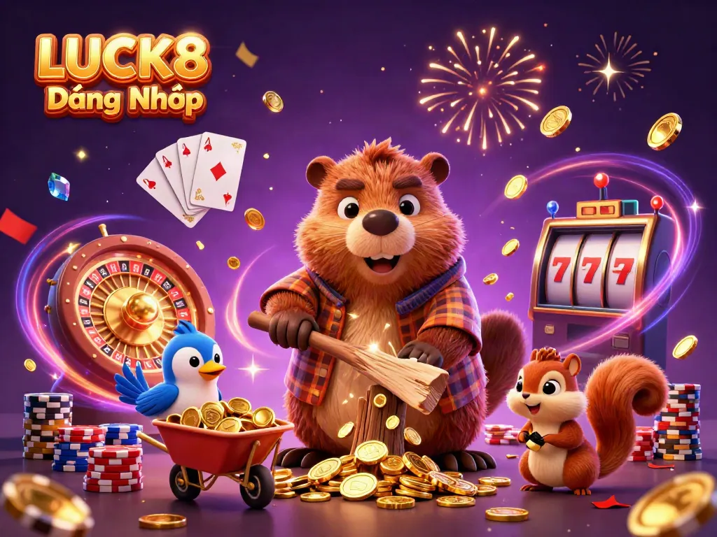 LUCK8 Đăng Nhập showcasing vibrant characters in a casino-themed scene with golden coins and playful elements