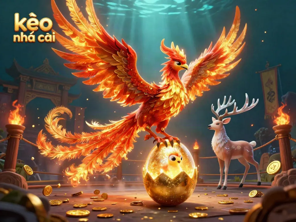 Engage in thrilling bets with kèo nhà cái highlighted in a vibrant arena featuring divine creatures and gold tokens.