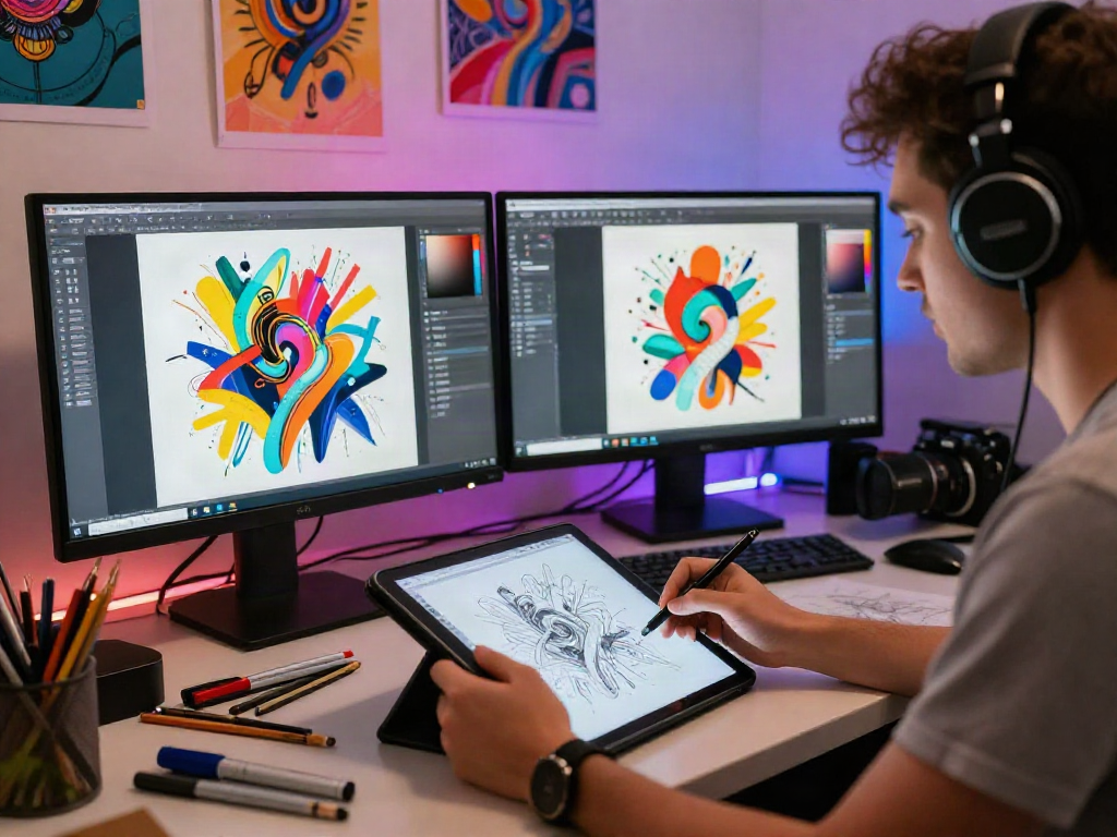 Dynamic digital artist creating innovative NSFW AI illustrations in vibrant studio.