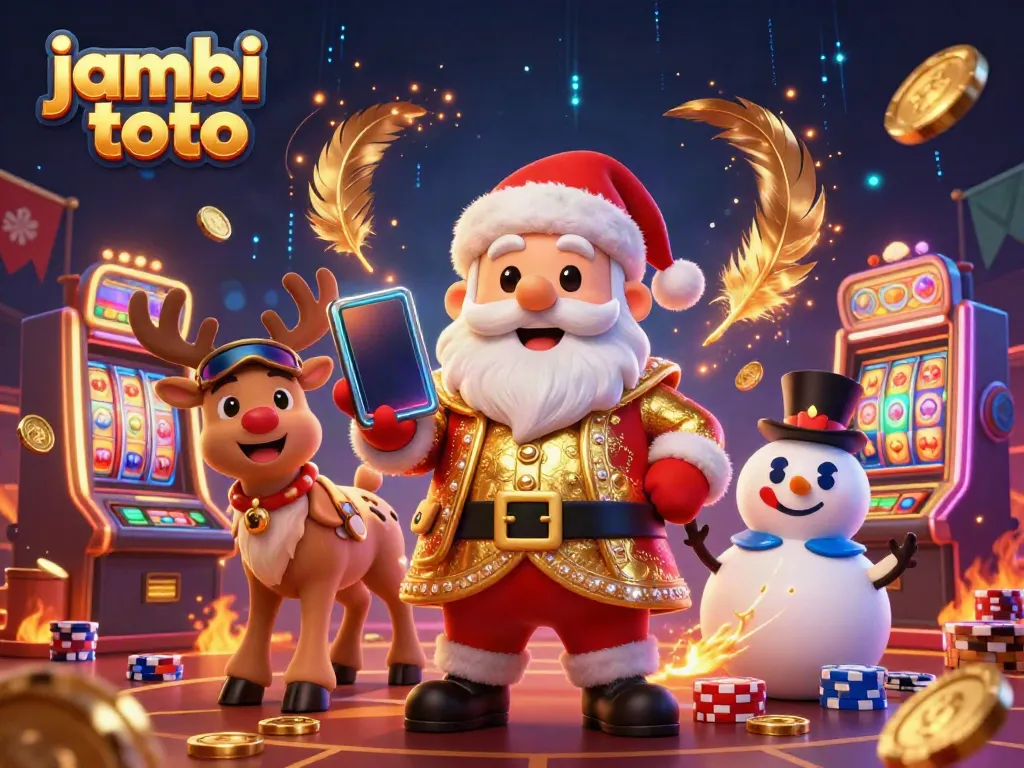 A festive scene featuring jambi toto, illustrated with Santa, reindeer, and snowman at a vibrant casino.