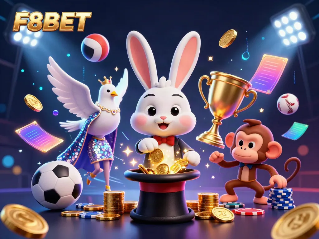F8BET showcases a magical scene with a magician rabbit, assistant dove, and monkey amongst gaming elements, embodying excitement.