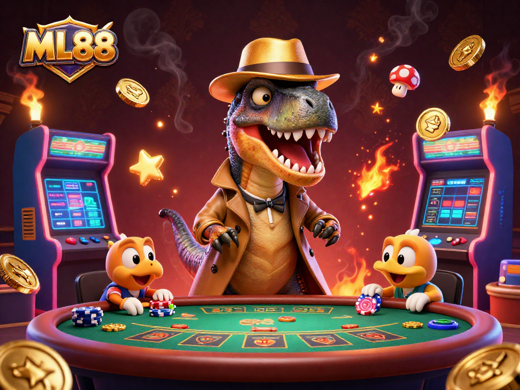 ML88 card counter velociraptor at blackjack table amidst casino excitement and gaming action.