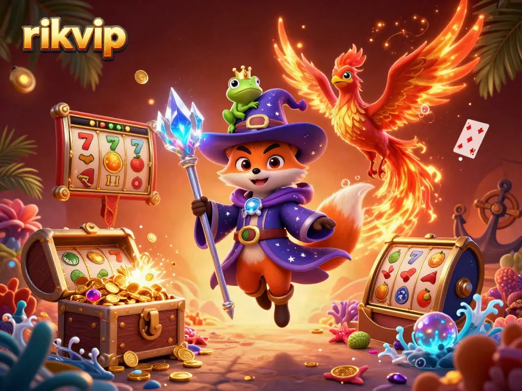 Experience the vibrant and dynamic world of rikvip's online casino gaming with a mystical wizard fox and phoenix amidst slot reels and treasures.