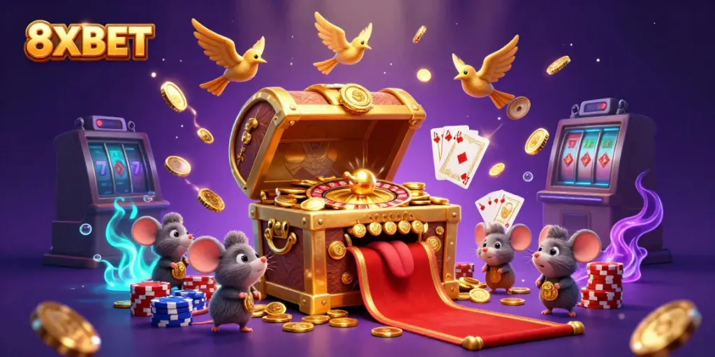 Experience thrilling moments with 8XBET as adventurer mice approach a treasure chest surrounded by casino elements.