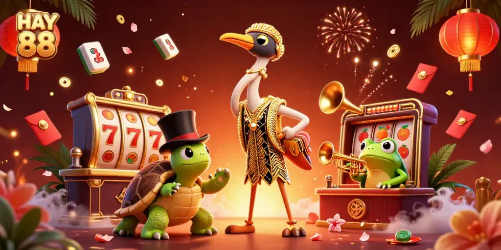 Engage with the lively scene of HAY 88, featuring whimsical characters and dynamic slot games encapsulating the excitement of online gambling.